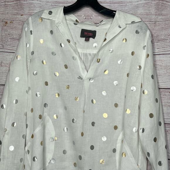 For Cynthia Beach 100% Linen White & Gold Dot Semi Sheer Pullover Size Medium - Picture 10 of 12